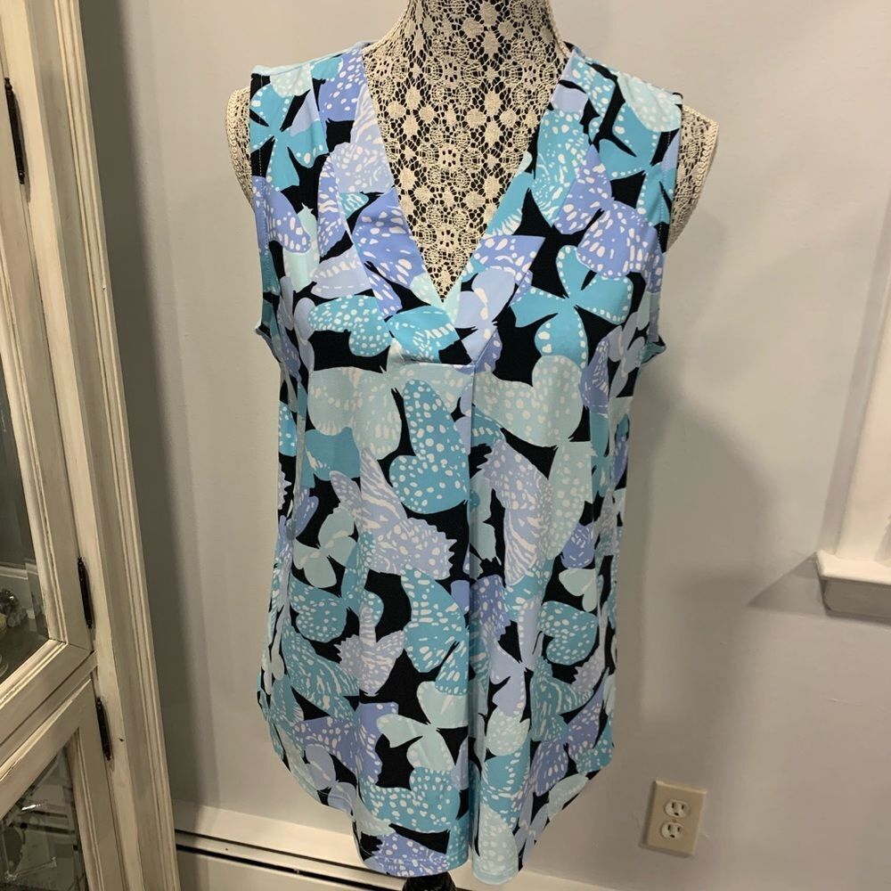 Anne Klein Blue and Black Patterned Blouse